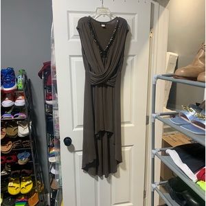 Olive green faux wrap dress with hi-low hem